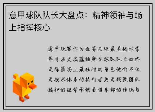 意甲球队队长大盘点：精神领袖与场上指挥核心